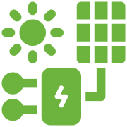 Green icon showing a sun, solar panels, and electrical connections, representing solar energy generation and conversion.