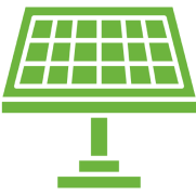 Green icon illustration of a solar panel mounted on a stand, depicting renewable energy technology.