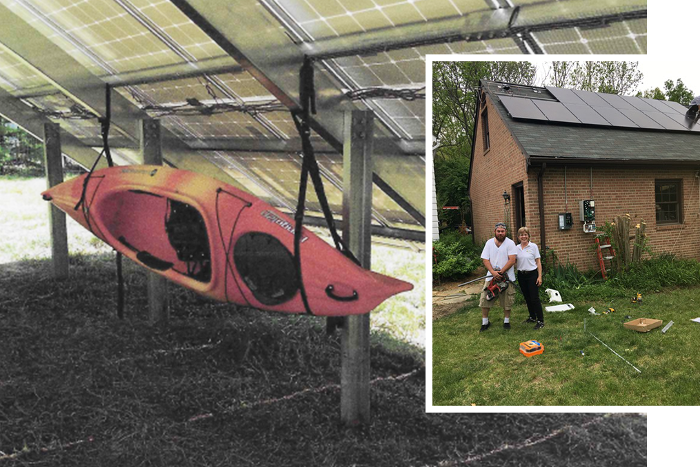 A pink kayak hangs under solar panels outside; inset shows two people standing by a brick house with solar panels on the roof and tools scattered on the grass.